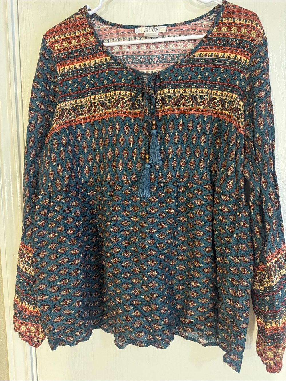 VENUS Teal Boho Tassel Peasant Tunic with Red and Gold Prints